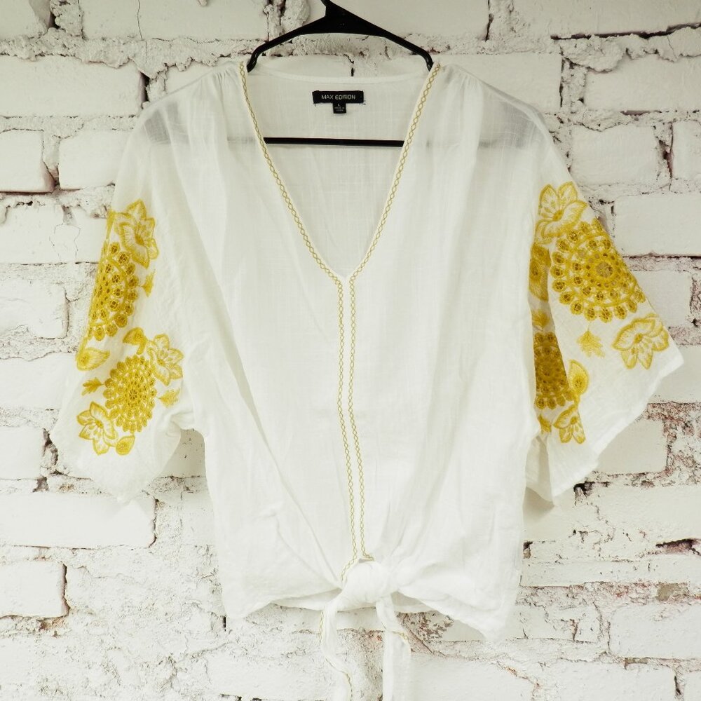 White and Yellow Embroidered Women Top